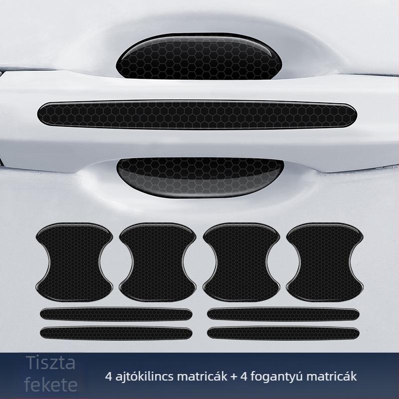 Autóajtó kilincshez illeszkedő anti-koccanó csík reflektív ragasztó matrica — Típus: Anti-Collision Strip; Anyag: TPE; Modell: Reflective Drop Adhesive Sticker; Alkalmazható modellek: Általános