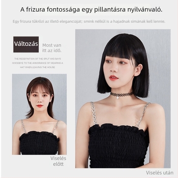 Női paróka: vállig érő, egyenes haj frufruval, teljes fejfedés, természetes megjelenés, hőálló szintetikus rost