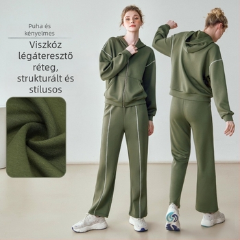 Női két részes sportos szett color-block mintával, kapucnis cipzáras dzseki, vastag meleg anyagból