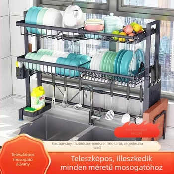 Húzható konyhai szárítóállvány edényekhez, fémdrótból, modern minimalist stílus, az asztali felületre helyezhető