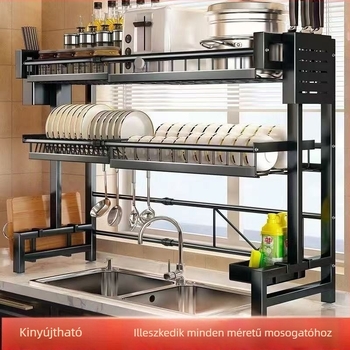 Húzható konyhai szárítóállvány edényekhez, fémdrótból, modern minimalist stílus, az asztali felületre helyezhető