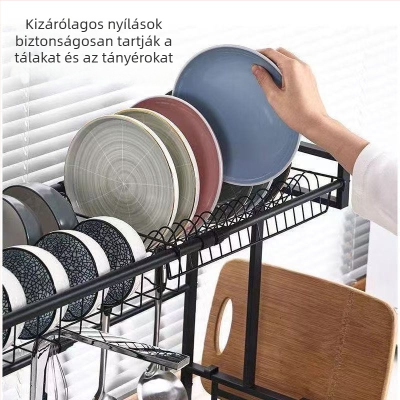 Húzható konyhai szárítóállvány edényekhez, fémdrótból, modern minimalist stílus, az asztali felületre helyezhető