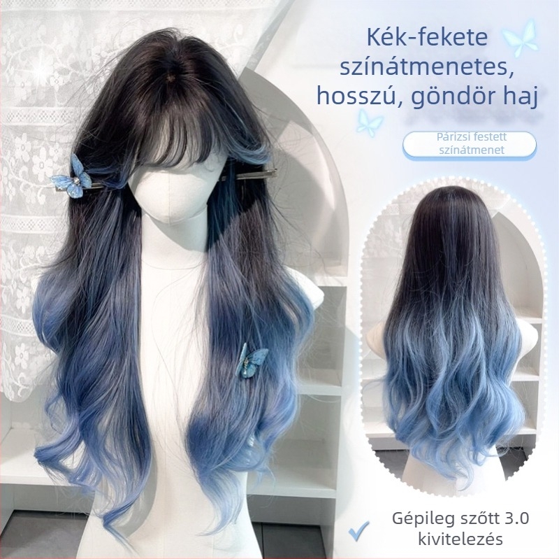 Lányoknak szóló paróka légies frufruval, mély tengerkék gradient, hosszú göndör hullámok, élethű teljes paróka