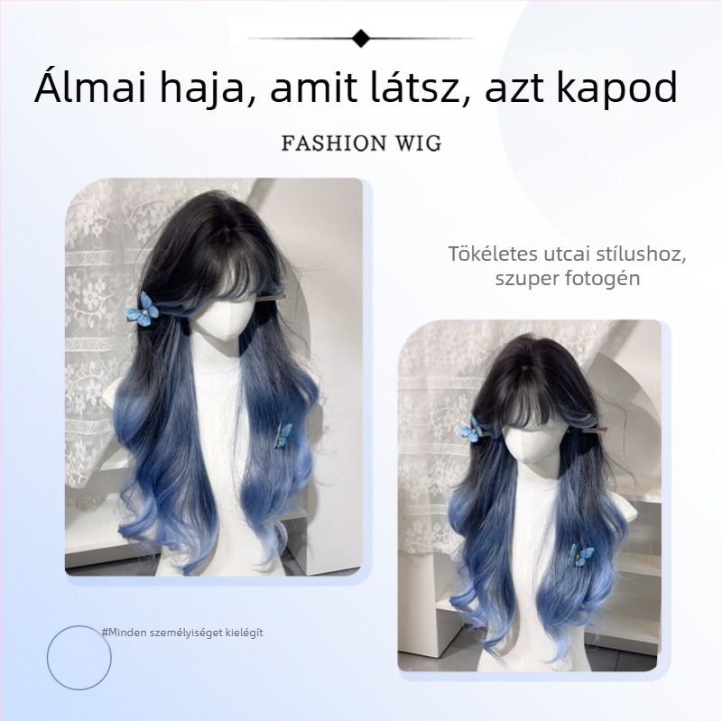 Lányoknak szóló paróka légies frufruval, mély tengerkék gradient, hosszú göndör hullámok, élethű teljes paróka