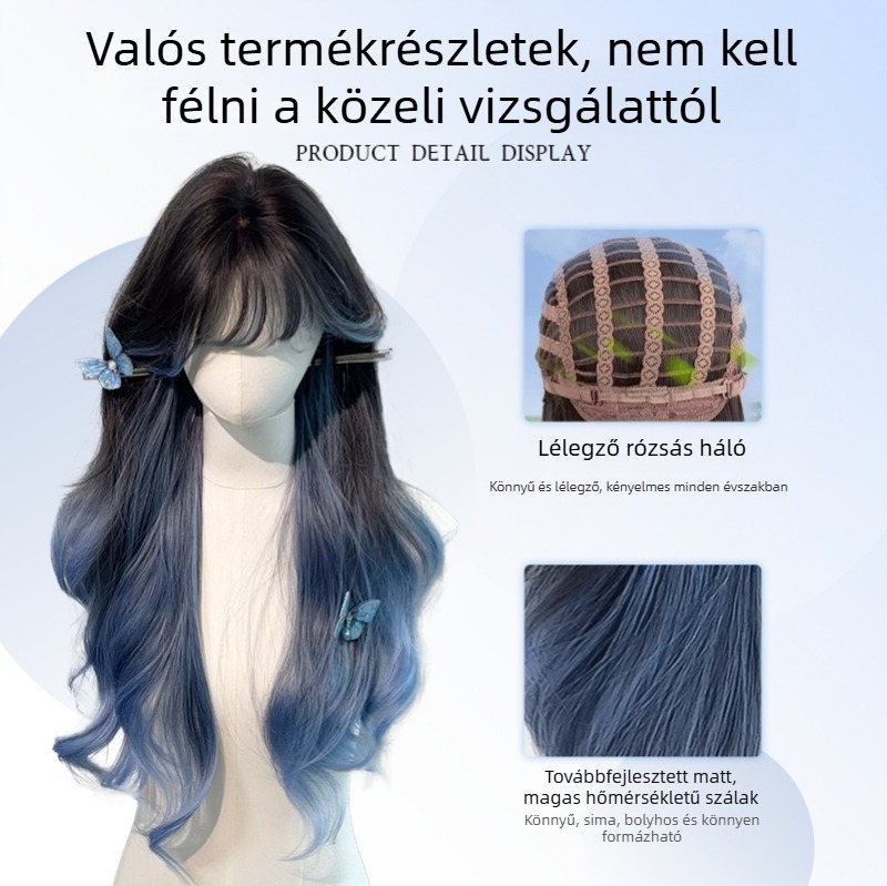 Lányoknak szóló paróka légies frufruval, mély tengerkék gradient, hosszú göndör hullámok, élethű teljes paróka