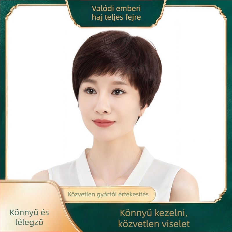 Női paróka valódi emberi hajból, rövid, egyenes haj, őszülés elfedése, természetes, fiatalos megjelenés, teljes fejű paróka