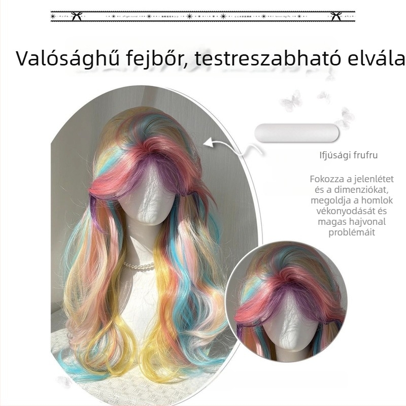 Női hosszú hullámos paróka középső részével, hőálló rostból, mechanikus sapkával, természetes megjelenés