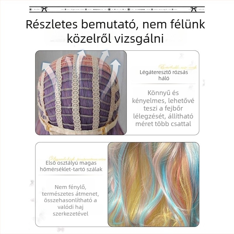 Női hosszú hullámos paróka középső részével, hőálló rostból, mechanikus sapkával, természetes megjelenés