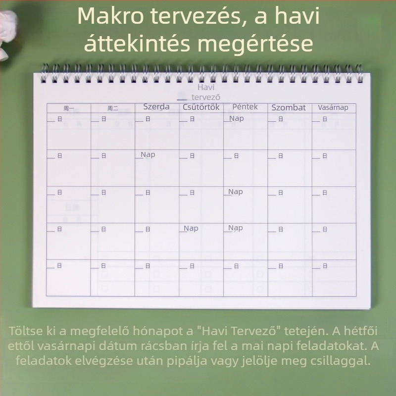 Gao xiaoqi spirálkötésű notesz PP-borítóval, heti terv naptárral és todolistával (Dowling papír; 50-100 oldal)