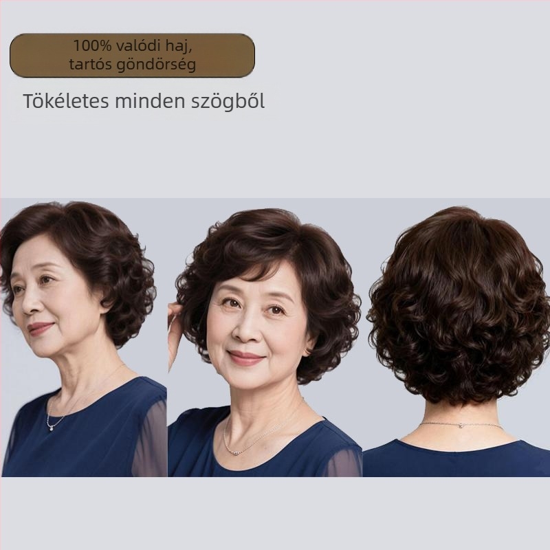 Rövid paróka valódi emberi hajból, teljes fej készlet, könnyű és lélegző, elfedi az ősz hajat, festhető