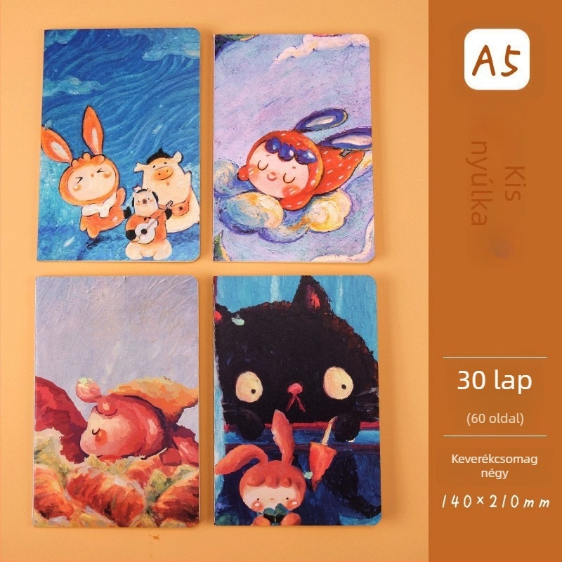 Kawaii japán-koreai stílusú jegyzetfüzet, 60 oldal, 10 g papír, varrott kötés