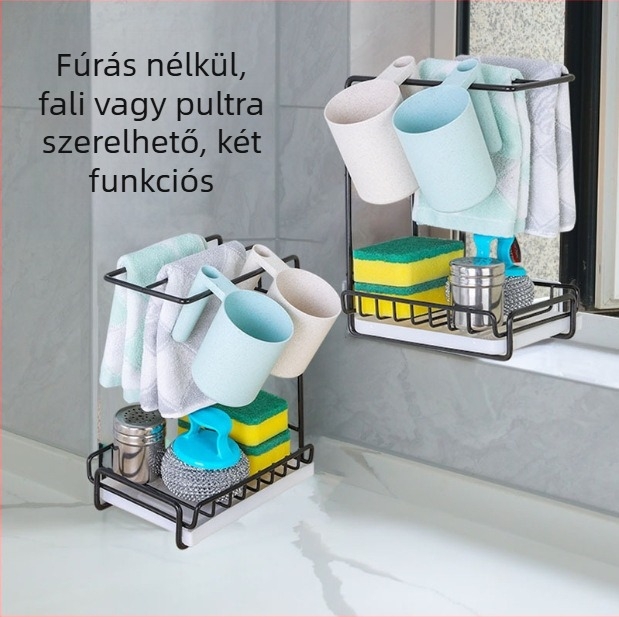 Szénacél konyhai rongy- és törölközőtartó falra szerelhető drénpolc, trapéz alakú dizájn, többfunkciós, mozgatható
