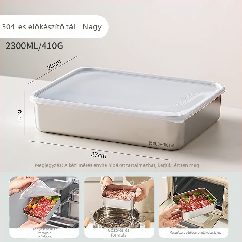 304 rozsdamentes acél ételtároló doboz, zárható, négyszögletes, elválasztóval, ebéd/bento doboz, knédli-doboz