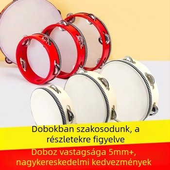 Orff ütőhangszer tamburin gyerekeknek — faanyagú test, 3C kategóriás fa játékok, 4–6 éveseknek, csomagolás: doboz illusztrációkkal, kartondoboz, egyszerű doboz, hálós zacskó
