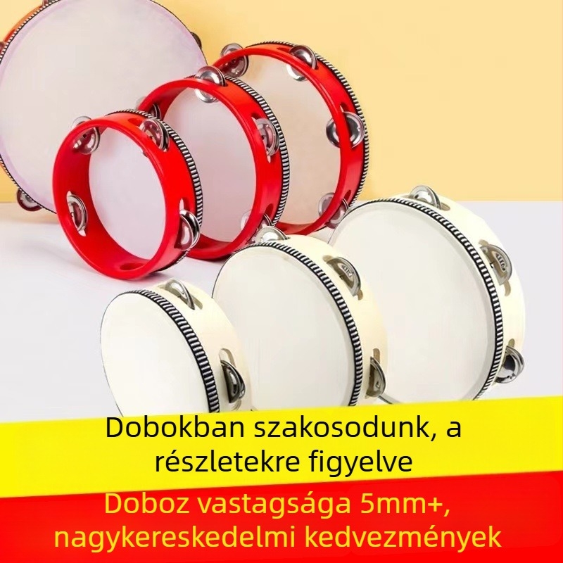 Orff ütőhangszer tamburin gyerekeknek — faanyagú test, 3C kategóriás fa játékok, 4–6 éveseknek, csomagolás: doboz illusztrációkkal, kartondoboz, egyszerű doboz, hálós zacskó