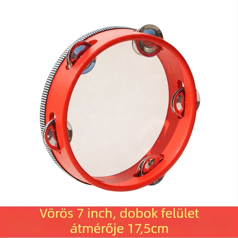 Orff ütőhangszer tamburin gyerekeknek — faanyagú test, 3C kategóriás fa játékok, 4–6 éveseknek, csomagolás: doboz illusztrációkkal, kartondoboz, egyszerű doboz, hálós zacskó