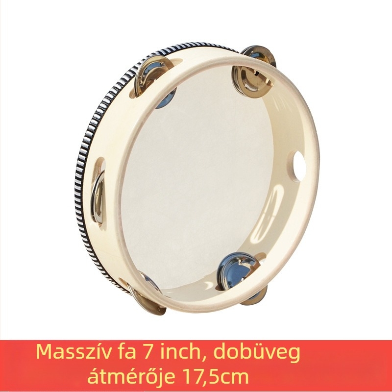 Orff ütőhangszer tamburin gyerekeknek — faanyagú test, 3C kategóriás fa játékok, 4–6 éveseknek, csomagolás: doboz illusztrációkkal, kartondoboz, egyszerű doboz, hálós zacskó