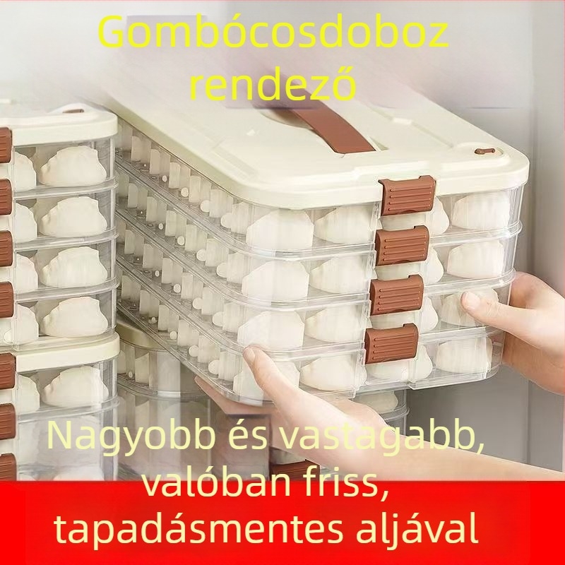 Gombócok tároló doboza, többszintes, állítható, fagyasztóba helyezhető; Anyag: polipropilén (PP); hivatalos magánmárka