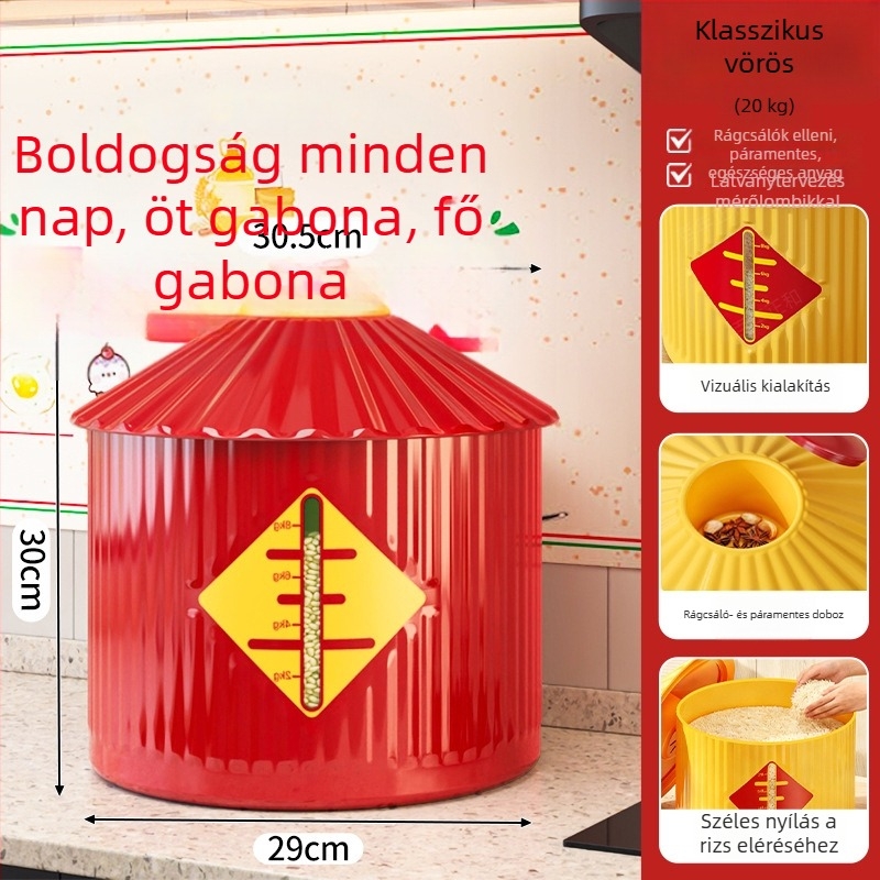 Rizs- és gabonatároló edény zárható, nedvességálló és rovarbiztos, új kínai stílus, kapacitás 9–10 L, anyag PP műanyag