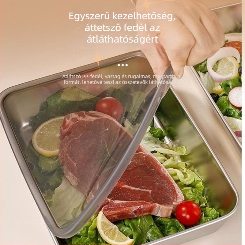 Rozsdamentes acél gombóc tároló doboz, négyszögletes, egy rétegű, kapacitás 0.8–3 L, hűtőszekrényben használható, mikróhullámú sütőben is használható