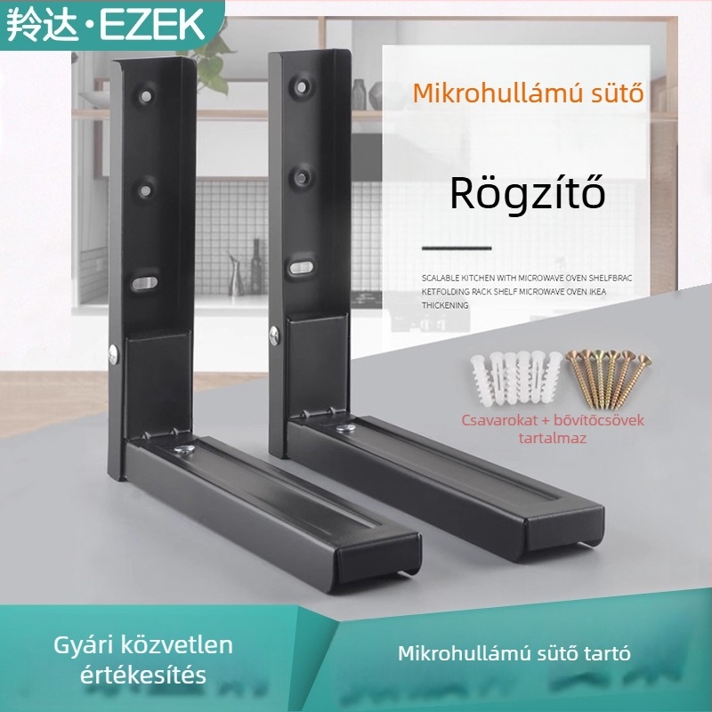 Mikrohullámú sütő falra szerelhető állvány összecsukható tartóval, kétszintes tárolás, fémötvözet konstrukció, teleszkópos