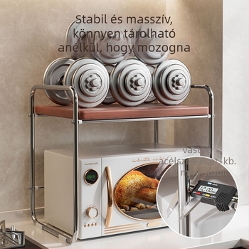 Használt konyhai mikrohullámú sütő állvány a pulton, két szintű kihúzható dizájn, rizsfőző tartó, réteg polc, többfunkciós fűszeres polc. Anyag: széntartalmú acél + sűrűséglemez; Feldolgozás: testreszabott rajzok; Stílus: modern egyszerű