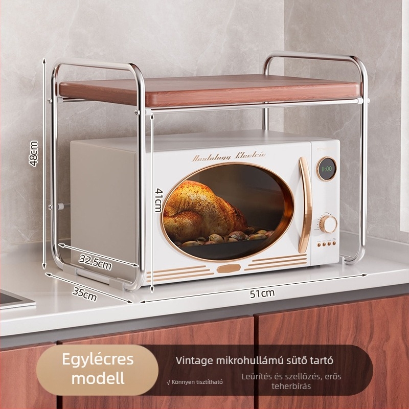 Használt konyhai mikrohullámú sütő állvány a pulton, két szintű kihúzható dizájn, rizsfőző tartó, réteg polc, többfunkciós fűszeres polc. Anyag: széntartalmú acél + sűrűséglemez; Feldolgozás: testreszabott rajzok; Stílus: modern egyszerű