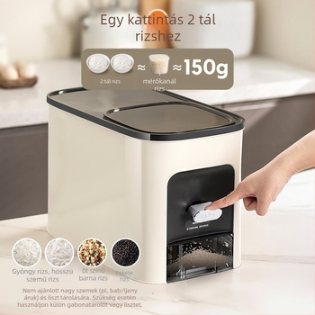 Rizstároló doboz, légmentesen záródó, nedvességálló és kártevő elleni védelemmel, 9–10 L kapacitású, műanyagból, modern minimalist dizájn