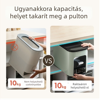 Rizstároló doboz, légmentesen záródó, nedvességálló és kártevő elleni védelemmel, 9–10 L kapacitású, műanyagból, modern minimalist dizájn