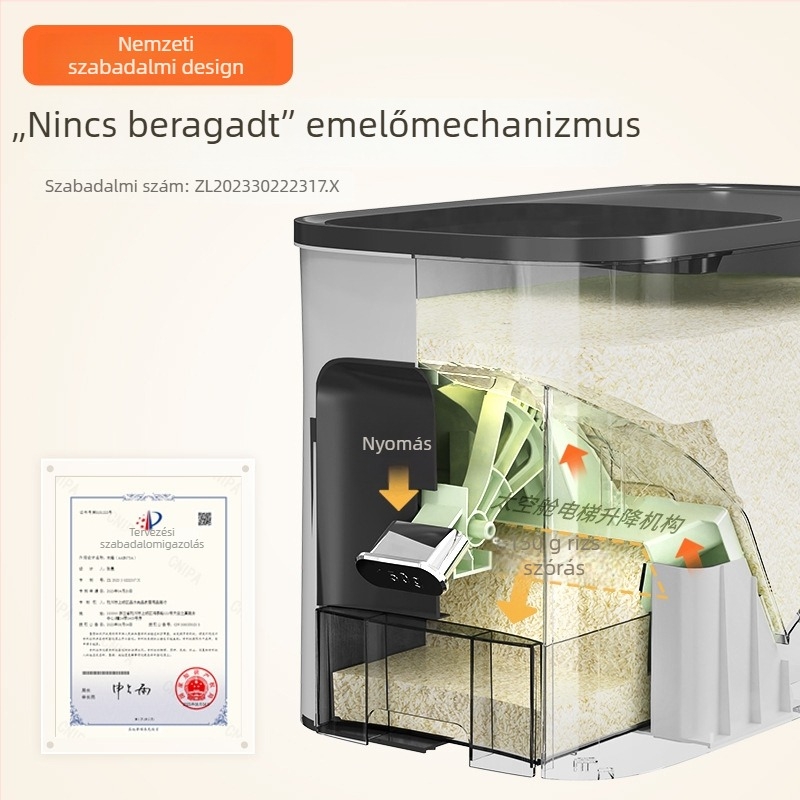Rizstároló doboz, légmentesen záródó, nedvességálló és kártevő elleni védelemmel, 9–10 L kapacitású, műanyagból, modern minimalist dizájn