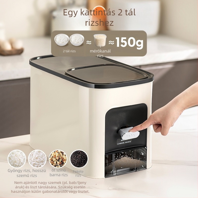 Rizstároló doboz, légmentesen záródó, nedvességálló és kártevő elleni védelemmel, 9–10 L kapacitású, műanyagból, modern minimalist dizájn
