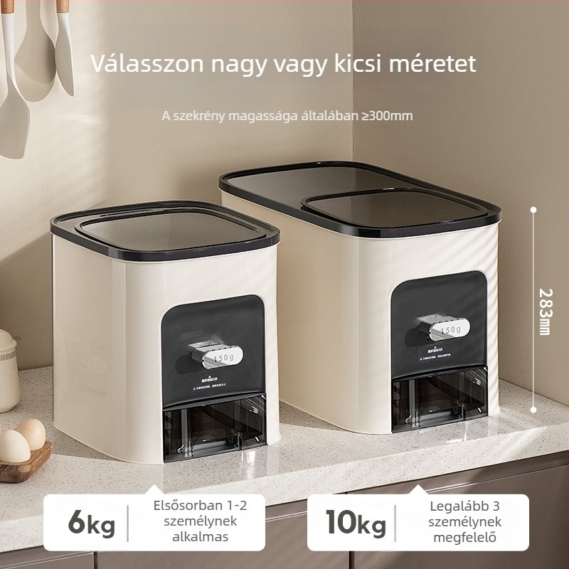 Rizstároló doboz, légmentesen záródó, nedvességálló és kártevő elleni védelemmel, 9–10 L kapacitású, műanyagból, modern minimalist dizájn
