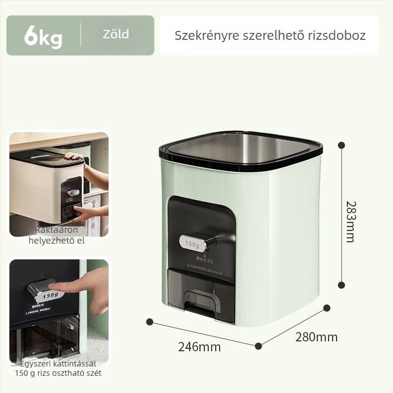 Rizstároló doboz, légmentesen záródó, nedvességálló és kártevő elleni védelemmel, 9–10 L kapacitású, műanyagból, modern minimalist dizájn