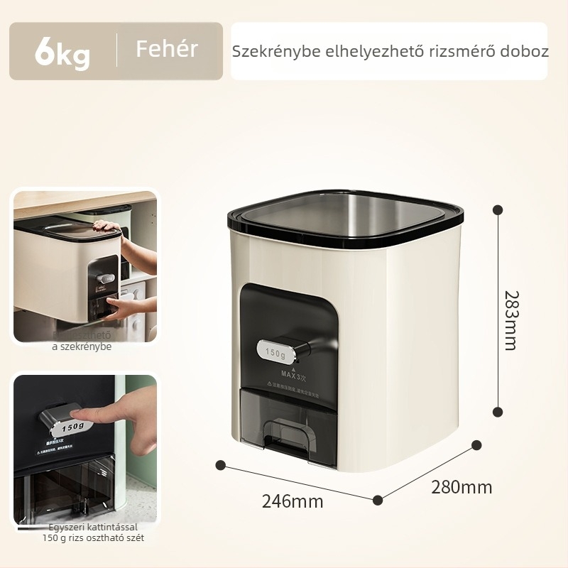 Rizstároló doboz, légmentesen záródó, nedvességálló és kártevő elleni védelemmel, 9–10 L kapacitású, műanyagból, modern minimalist dizájn