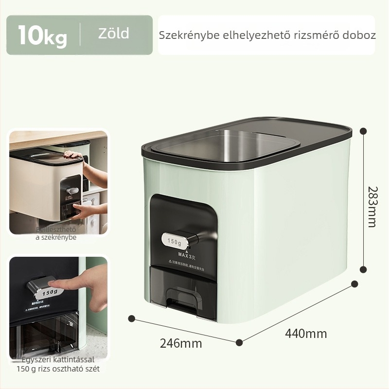 Rizstároló doboz, légmentesen záródó, nedvességálló és kártevő elleni védelemmel, 9–10 L kapacitású, műanyagból, modern minimalist dizájn