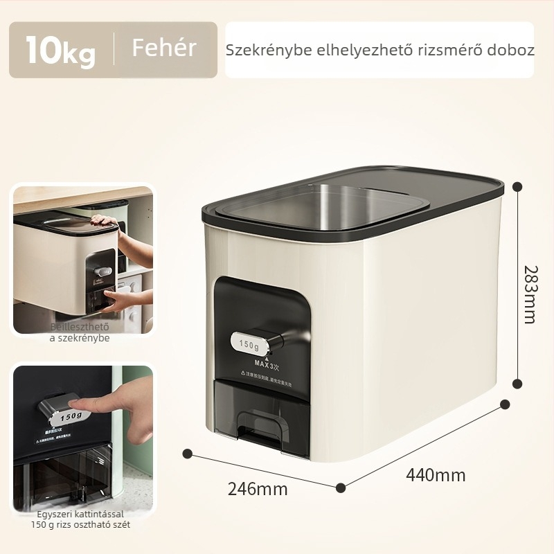 Rizstároló doboz, légmentesen záródó, nedvességálló és kártevő elleni védelemmel, 9–10 L kapacitású, műanyagból, modern minimalist dizájn