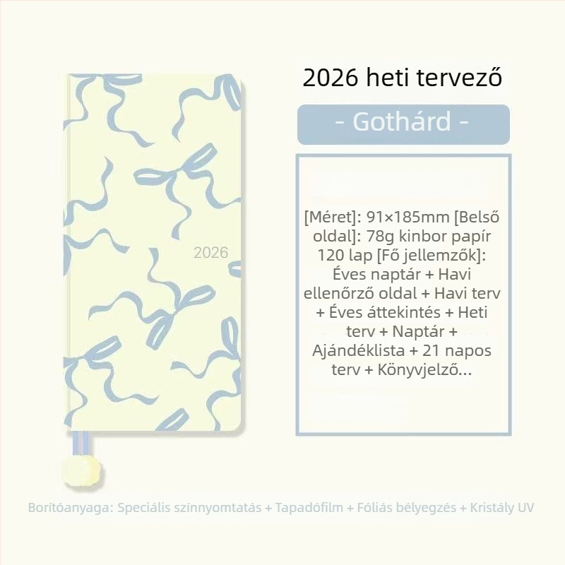 2026-os masnis tervezőfüzet teljes évre, heti programmal, japán és koreai stílus, ragasztó kötés, 100 gsm fa cellulóz papír, több mint 400 oldal