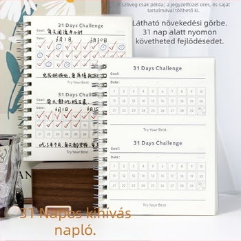 Spirál kötésű jegyzetfüzet, 31 napos check-in tervezés, PP borító, 100 g/m² papír, nyers fa cellulóz alapú tartalom, 50–100 oldal, kreatív trendek stílus