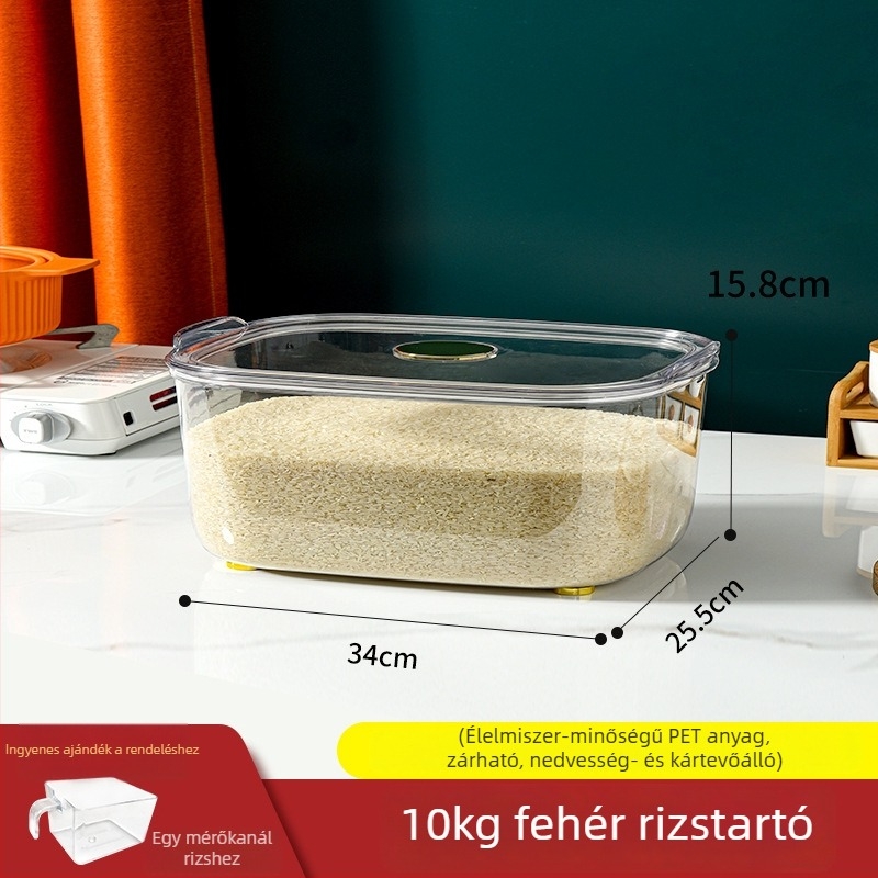 Rizstároló tartály, zárható, rovar- és nedvességbiztos; anyaga: műanyag (PE); kapacitás 10 L vagy nagyobb; stílus: könnyed luxus