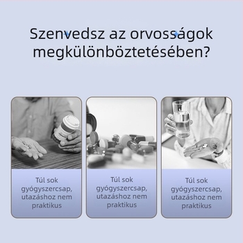 30 rekeszes gyógyszeres doboz, független rekeszek, nedvességálló zárás, hordozható, 18 L kapacitás.