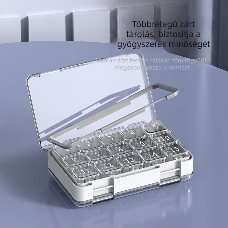 30 rekeszes gyógyszeres doboz, független rekeszek, nedvességálló zárás, hordozható, 18 L kapacitás.