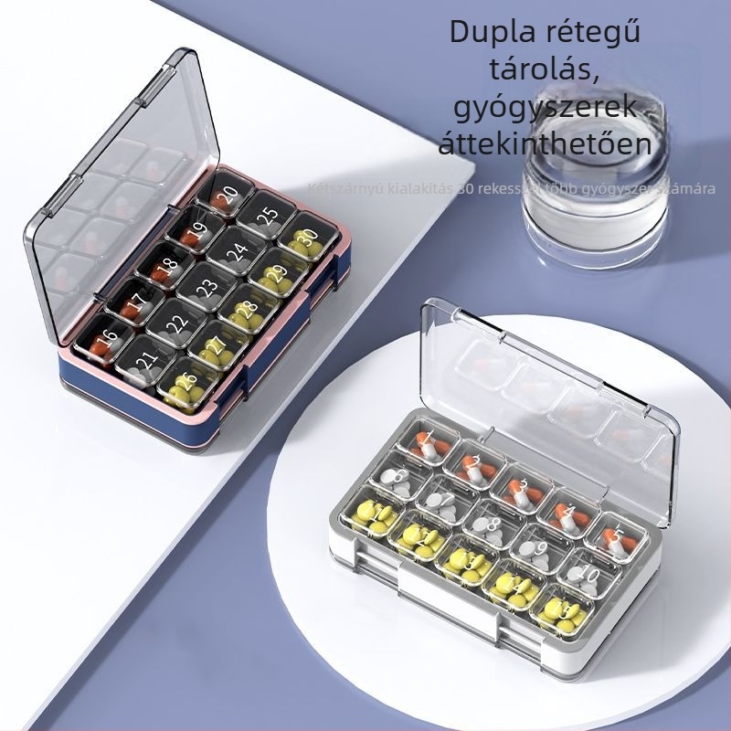 30 rekeszes gyógyszeres doboz, független rekeszek, nedvességálló zárás, hordozható, 18 L kapacitás.