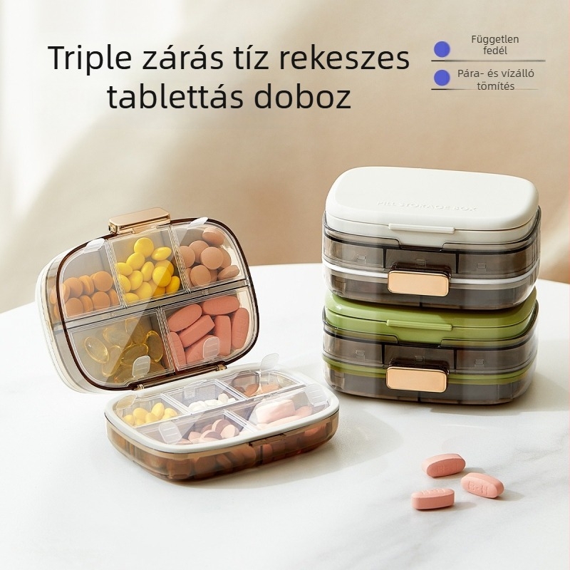 Tablettás doboz, hétnapos hordozható szervező, zárható, nagy kapacitás, osztott rekeszek