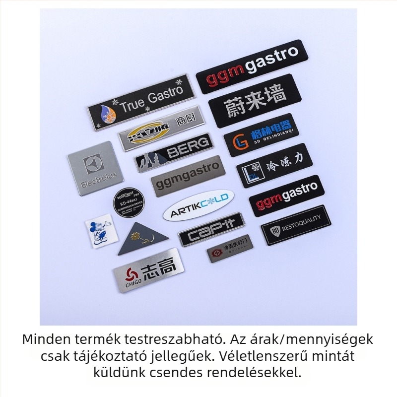 Személyre szabott fém címkék – anyagok: réz, vas, alumínium, nikkelezett ötvözet, rozsdamentes acél; nyomtatás: szitanyomás; testreszabás: igen; alkalmazások: különféle fém címkék