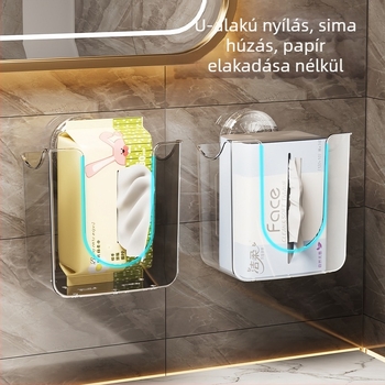 Papírzsebkendő-doboz szívócsővel, falra szerelhető műanyag tároló nedves törlőkendőkhöz, többfunkciós