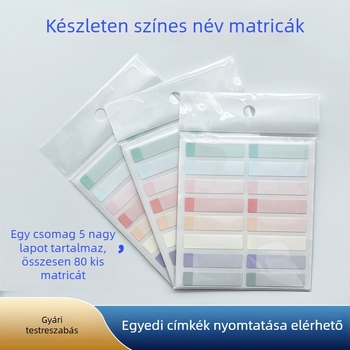 Diákoknak szóló név címkék, vízálló és gyorsan száradó, öntapadós címkék kézírásos hatású megjelenéssel, téglalap alakú, speciális papír alap, UV rotációs nyomtatás, hőállóság 100, vastagság 0.005