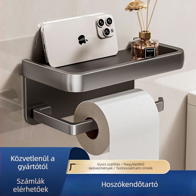 Fali WC-papírtartó fürdőszobához – fúrás nélküli, vízálló, többfunkciós, anyag: szénacél + alumínium