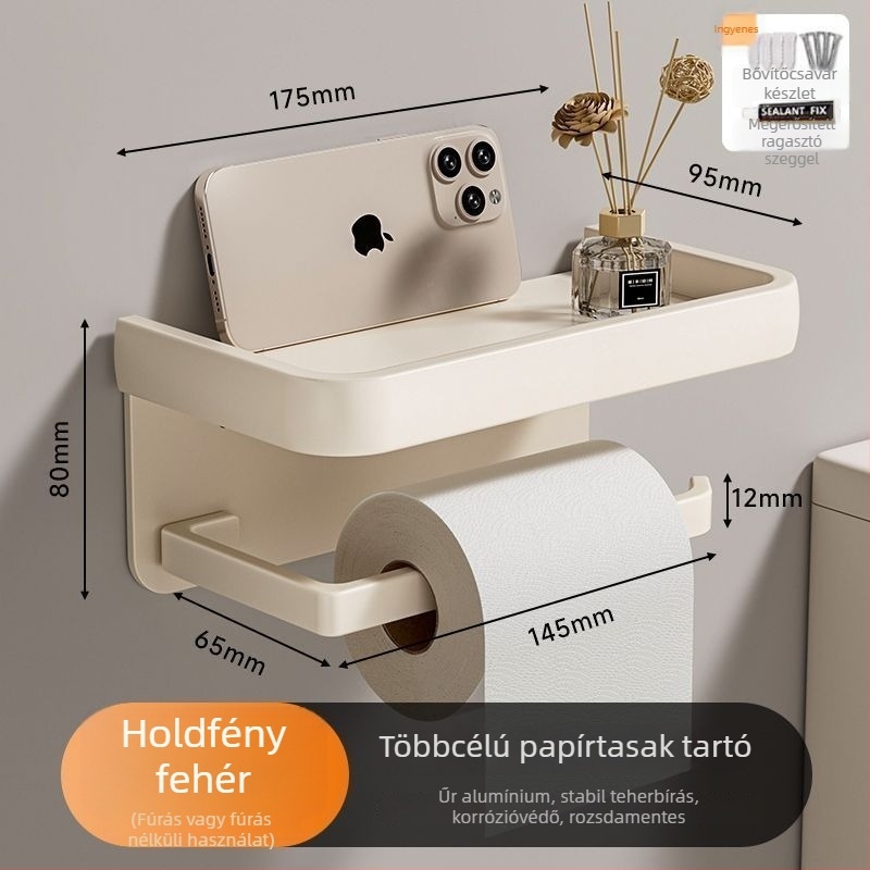 Fali WC-papírtartó fürdőszobához – fúrás nélküli, vízálló, többfunkciós, anyag: szénacél + alumínium