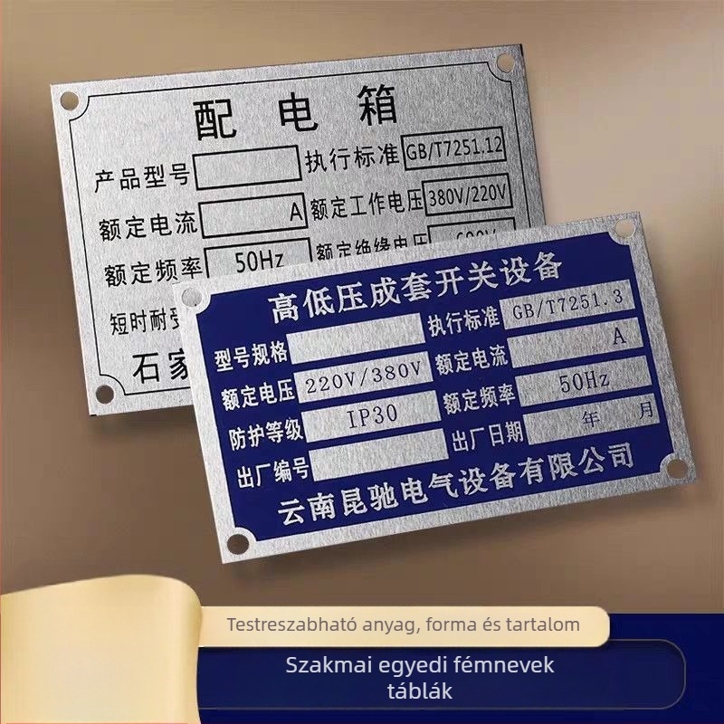 Fém névtábla — testreszabható; (anyag: fém névtábla; nyomtatás: arany korróziós szitanyomás; alkalmazás: univerzális)