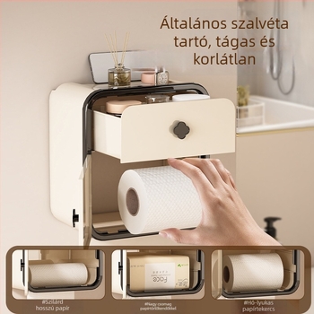 Fali, falra szerelt vécépapírtartó és papírzsebkendő tartó, vízálló, fúrás nélküli szerelés, tekercs tároló